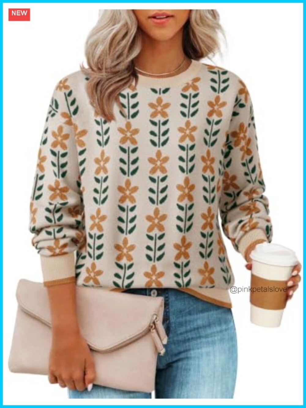 Womens Long Sleeve Crewneck Floral Knit Pullover Sweater Loose Fit